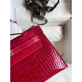 Hermes Kelly Pochette Handmade Bag In Rose Extreme Shiny Alligator Leather