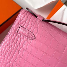 Hermes Kelly Pochette Handmade Bag in Rose Sakura Matte Alligator Leather