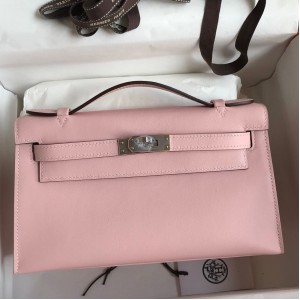Hermes Kelly Pochette Handmade Bag In Rose Sakura Swift Calfskin