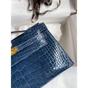 Hermes Kelly Pochette Handmade Bag In Vert Bosphore Shiny Alligator Leather