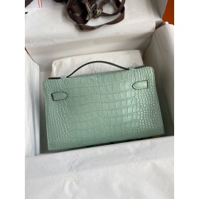 Hermes Kelly Pochette Handmade Bag In Vert Deau Matte Alligator Leather
