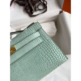 Hermes Kelly Pochette Handmade Bag In Vert Deau Matte Alligator Leather