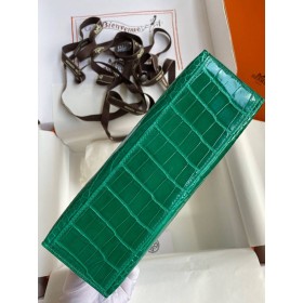 Hermes Kelly Pochette Handmade Bag In Vert Emerald Shiny Alligator Leather