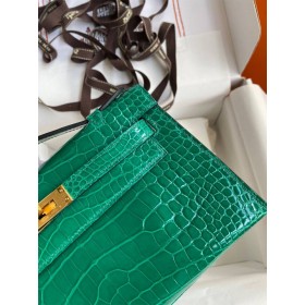 Hermes Kelly Pochette Handmade Bag In Vert Emerald Shiny Alligator Leather