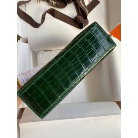 Hermes Kelly Pochette Handmade Bag In Vert Fonce Shiny Alligator Leather