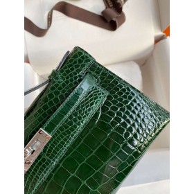 Hermes Kelly Pochette Handmade Bag In Vert Fonce Shiny Alligator Leather