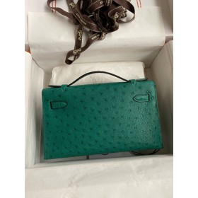 Hermes Kelly Pochette Handmade Bag in Vert Vertigo Bordeaux Ostrich Leather