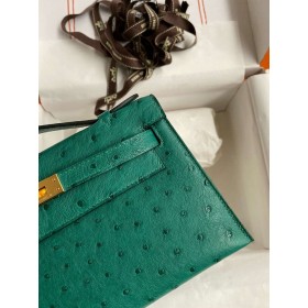 Hermes Kelly Pochette Handmade Bag in Vert Vertigo Bordeaux Ostrich Leather