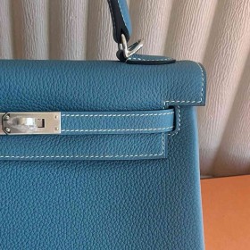 Hermes Kelly Retourne 25 Handmade Bag Blue Jean Clemence Leather