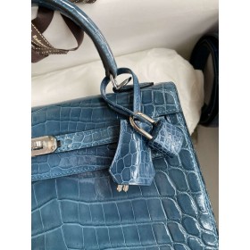 Hermes Kelly Retourne 25 Handmade Bag Blue Jean Crocodile Niloticus Shiny Skin