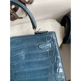 Hermes Kelly Retourne 25 Handmade Bag Blue Jean Crocodile Niloticus Shiny Skin