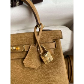 Hermes Kelly Retourne 25 Handmade Bag In Biscuit Clemence Leather