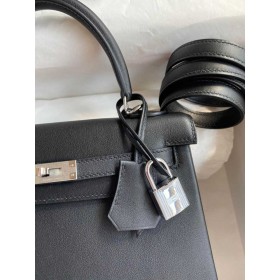 Hermes Kelly Retourne 25 Handmade Bag In Black Swift Calfskin