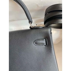 Hermes Kelly Retourne 25 Handmade Bag In Black Swift Calfskin