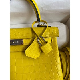 Hermes Kelly Retourne 25 Handmade Bag in Mimosa Crocodile Niloticus Matte Skin