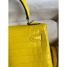 Hermes Kelly Retourne 25 Handmade Bag in Mimosa Crocodile Niloticus Matte Skin
