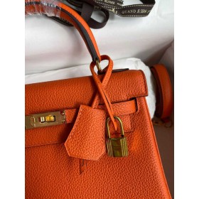 Hermes Kelly Retourne 25 Handmade Bag In Orange Clemence Leather