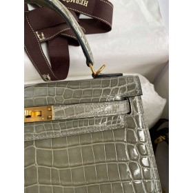 Hermes Kelly Retourne 25 Handmade Bag in Tourterelle Crocodile Niloticus Shiny Skin