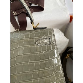 Hermes Kelly Retourne 25 Handmade Bag in Tourterelle Crocodile Niloticus Shiny Skin