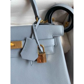 Hermes Kelly Retourne 28 Handmade Bag in Blue Lin Evercolor Calfskin