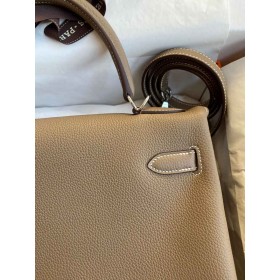 Hermes Kelly Retourne 32 Handmade Bag In Taupe Clemence Leather