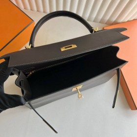Hermes Kelly Retourne 32cm Handmade Bag in Black Swift Calfskin