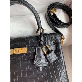 Hermes Kelly Retourne 25 Handmade Bag In Black Crocodile Niloticus Matte Skin