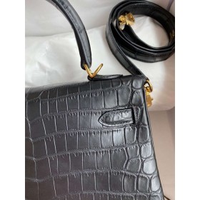 Hermes Kelly Retourne 25 Handmade Bag In Black Crocodile Niloticus Matte Skin