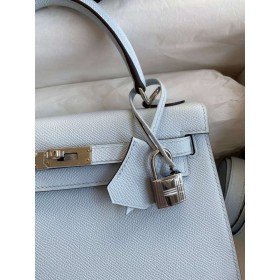 Hermes Kelly Sellier 25 Handmade Bag In Blue Brume Epsom Calfskin