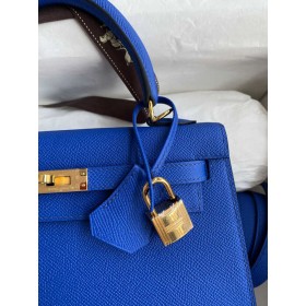 Hermes Kelly Sellier 25 Handmade Bag In Blue France Epsom Calfskin