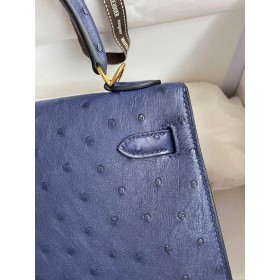 Hermes Kelly Sellier 25 Handmade Bag In Blue Iris Ostrich Leather