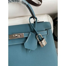 Hermes Kelly Sellier 25 Handmade Bag In Blue Jean Epsom Calfskin