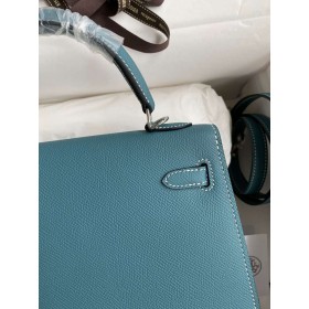 Hermes Kelly Sellier 25 Handmade Bag In Blue Jean Epsom Calfskin