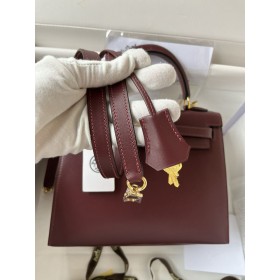 Hermes Kelly Sellier 25 Handmade Bag in Bordeaux Box Calfskin