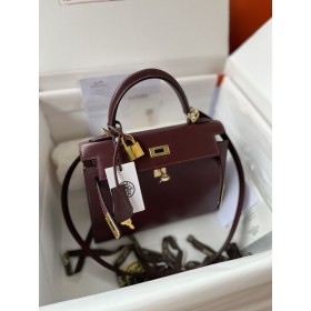 Hermes Kelly Sellier 25 Handmade Bag in Bordeaux Box Calfskin