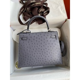 Hermes Kelly Sellier 25 Handmade Bag in Gris Agate Ostrich Leather