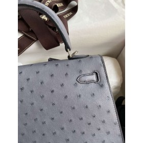 Hermes Kelly Sellier 25 Handmade Bag in Gris Agate Ostrich Leather