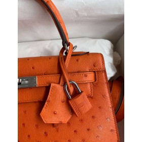 Hermes Kelly Sellier 25 Handmade Bag In Orange Ostrich Leather