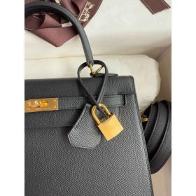 Hermes Kelly Sellier 25 Verso Handmade Bag in Black Epsom Calfskin