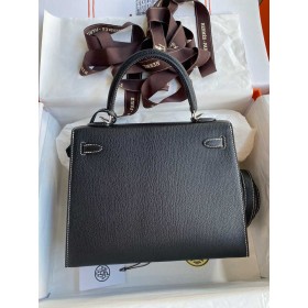 Hermes Kelly Sellier 25 Verso Handmade Bag in Black Mysore Chevre Goatskin