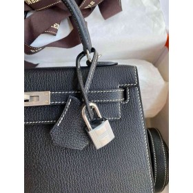 Hermes Kelly Sellier 25 Verso Handmade Bag in Black Mysore Chevre Goatskin