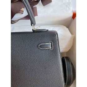 Hermes Kelly Sellier 25 Verso Handmade Bag in Black Mysore Chevre Goatskin