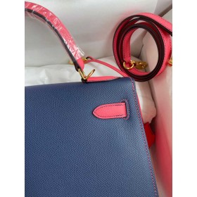 Hermes Kelly Sellier 28 Bicolor Bag in Blue Saphir and Rose Lipstick Epsom Calfskin