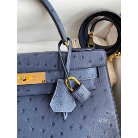 Hermes Kelly Sellier 28 Handmade Bag in Blue de Malte Ostrich Leather