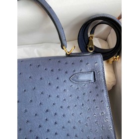 Hermes Kelly Sellier 28 Handmade Bag in Blue de Malte Ostrich Leather