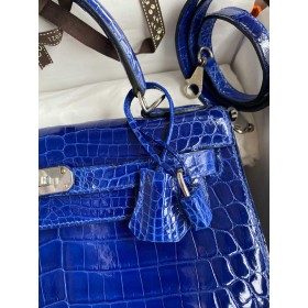 Hermes Kelly Sellier 28 Handmade Bag in Blue Electric Niloticus Crocodile Shiny Skin