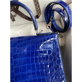 Hermes Kelly Sellier 28 Handmade Bag in Blue Electric Niloticus Crocodile Shiny Skin