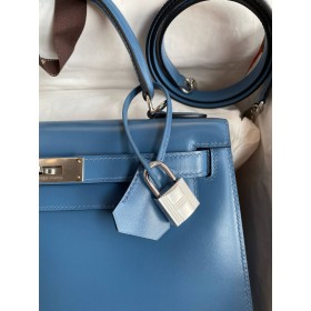 Hermes Kelly Sellier 28 Handmade Bag in Blue Jean Box Calfskin