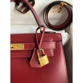 Hermes Kelly Sellier 28 Handmade Bag in Bordeaux Box Calfskin
