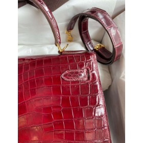 Hermes Kelly Sellier 28 Handmade Bag in Bordeaux Niloticus Crocodile Shiny Skin